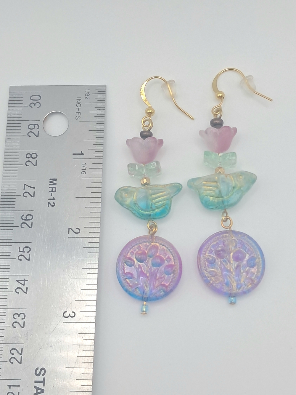 Nature Inspired Czech Glass Bird & Floral Drop Dangle Earrings Jewelry Colorful - Picture 8 of 8